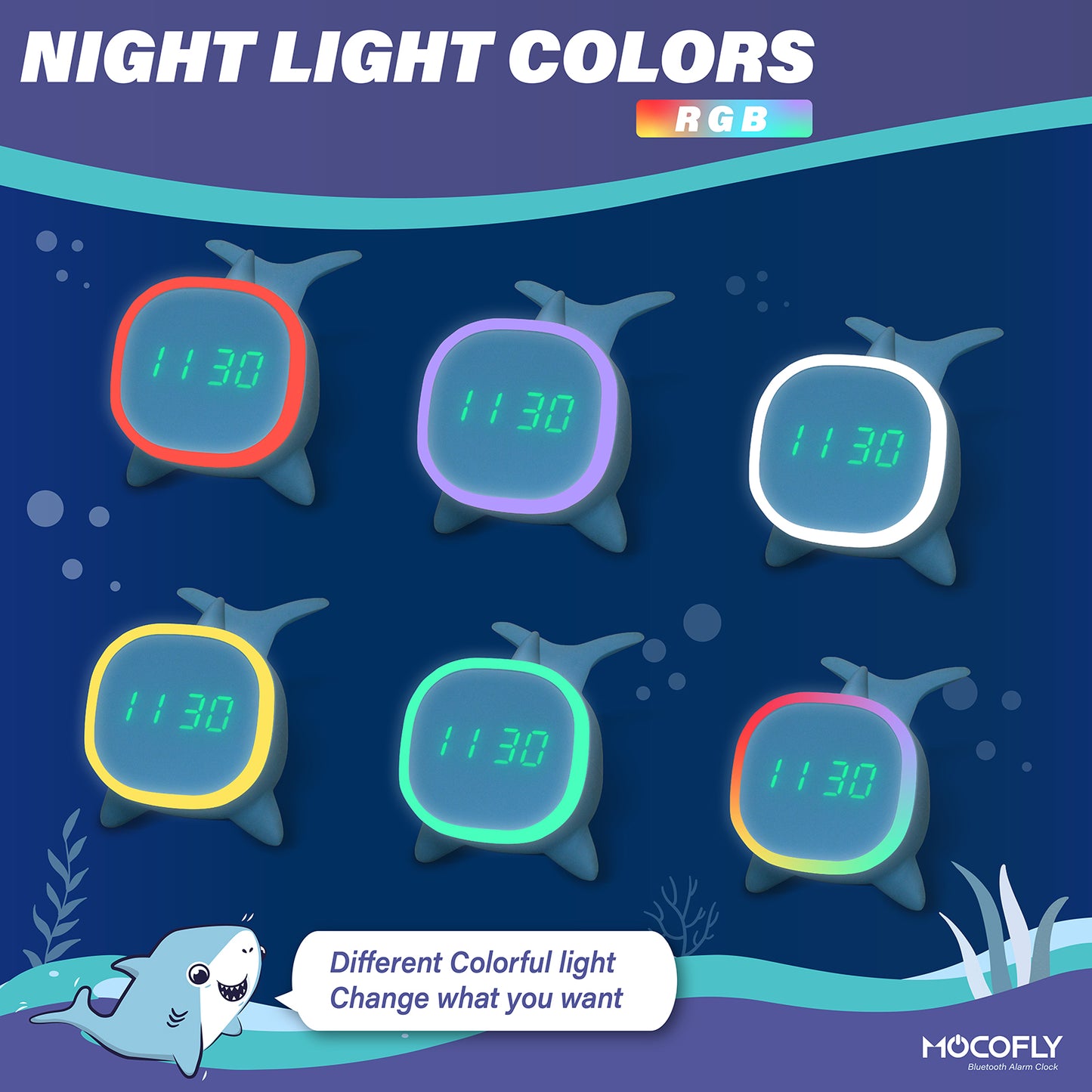 Digital Alarm Clocks for Kids, Children's Sleep Trainer Alarm Clock with 7 Color Night Light & Wake Up Light, Snooze Temperature Detect Bluetooth Speaker Music Player Kids Clock Sleep Sound Machine