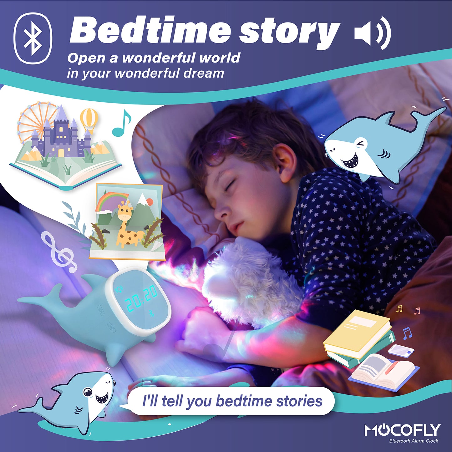 Digital Alarm Clocks for Kids, Children's Sleep Trainer Alarm Clock with 7 Color Night Light & Wake Up Light, Snooze Temperature Detect Bluetooth Speaker Music Player Kids Clock Sleep Sound Machine